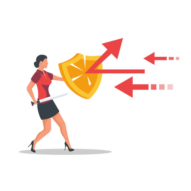 Attack protection. Businesswoman holds a shield defending from attacks. Reflection impact. Vector illustration flat design. Isolated on white background. Series of successful business people.